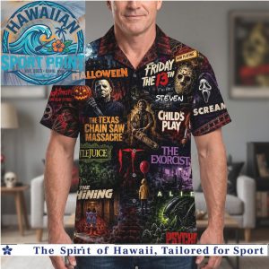 Vintage Horror Movie Character Collage Halloween Classic Slasher Aloha Shirt