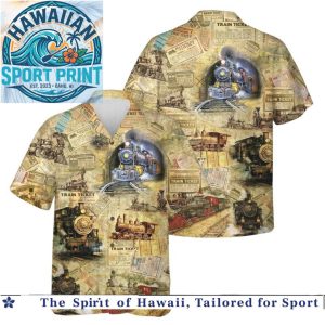 Vintage Locomotive Steam Train Tickets Retro Summer Hawaiian Shirt
