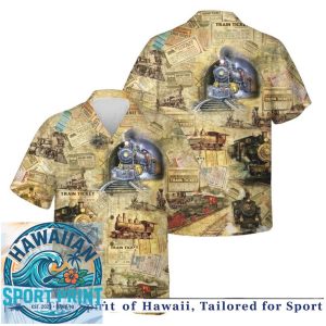 Vintage Locomotive Steam Train Tickets Retro Summer Hawaiian Shirt