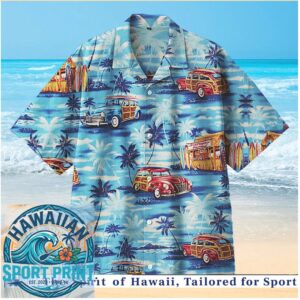 Vintage Surfer Woodie Car Tropical Beach Sunset Hawaiian Shirt
