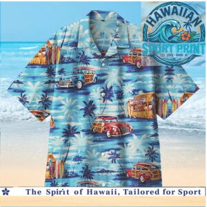 Vintage Surfer Woodie Car Tropical Beach Sunset Hawaiian Shirt