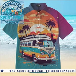 Vintage VW Bus Sunset Tropical Beach Summer Aloha Hawaiian Shirt