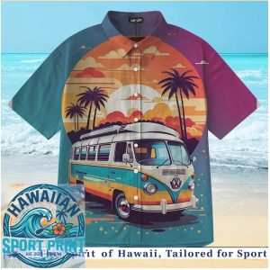 Vintage VW Bus Sunset Tropical Beach Summer Aloha Hawaiian Shirt