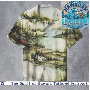 Watercolor Landscape Cabin in the Woods Summer Hawaiian Shirt