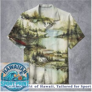 Watercolor Landscape Cabin in the Woods Summer Hawaiian Shirt