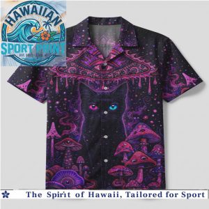 Psychedelic Cosmic Black Cat Magic Mushroom Trippy Hawaiian Shirt