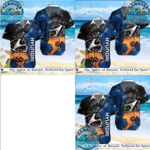 Blue Sunset Palm Tree Hyundai Logo Car Brand Hawaiian Shirt
