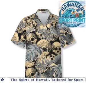 Dark Gothic Skulls Tropical Monstera Leaves Halloween Hawaiian Shirt