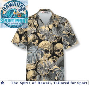 Dark Gothic Skulls Tropical Monstera Leaves Halloween Hawaiian Shirt