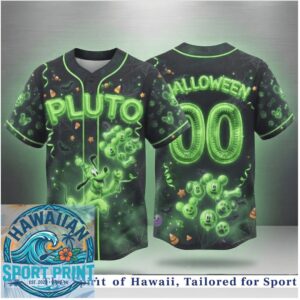 Pluto Disney Halloween Spooky Glowing Green Baseball Jersey