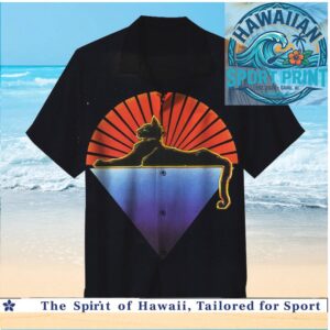 Synthwave Retro Black Cat Sunset Neon Geometric Landscape Hawaiian Shirt
