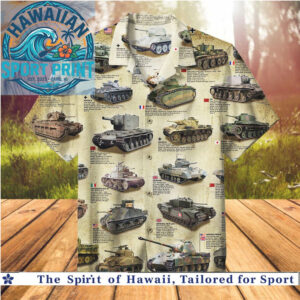 WWII Military Tanks Encyclopedia Vintage Blueprint Hawaiian Shirt